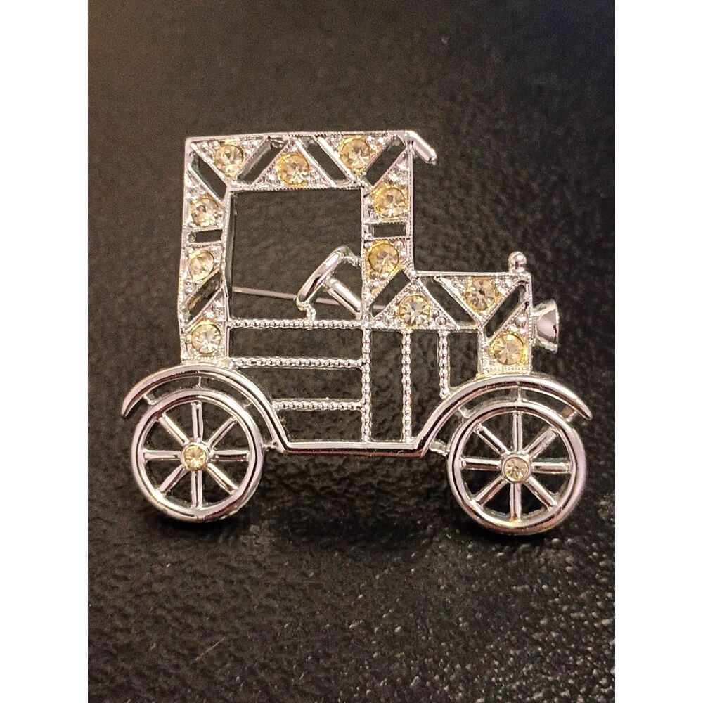 Vintage Designer signed Emmons Car Brooch of a Model T Auto Yellow Rhinestones